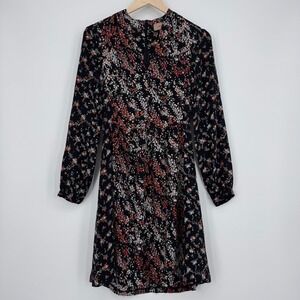 Anthropologie Kachel Silk Floral Mini Dress Womens 2 Black V-Neck‎ Long Sleeve